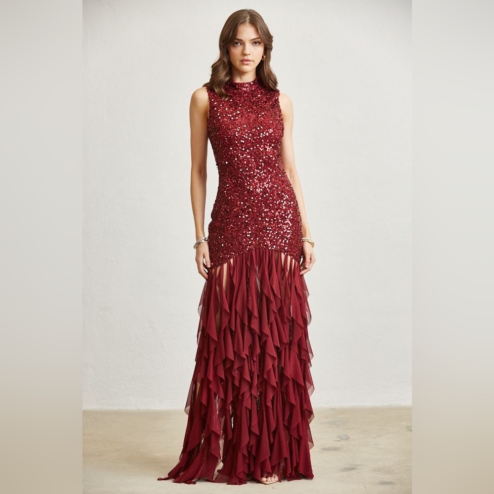 Sequin Ruffle Hem Floor-Length Gown - Blithe